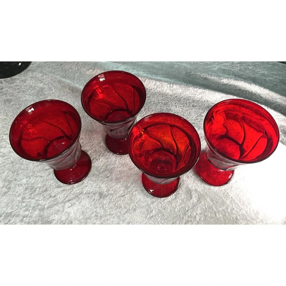 Vintage 4 Fostoria Jamestown Heavy Ruby Red Claret Wine Water Goblets Twist Stem